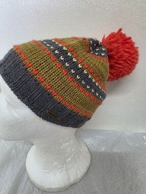 PrAna OS Keller Beanie Knit Pom Ski Hat Unisex Fleece Lined Wool Blend